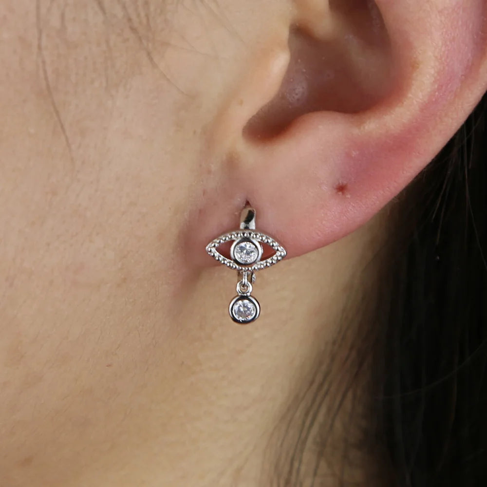 עגילי עין כסף משובצים עם תליון