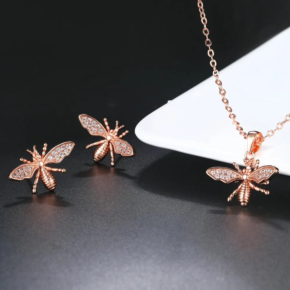 ZHOUYANG Jewelry Sets For Women Lovely Little Bees Austrian Crystals Rose Gold Color Earrings Necklace Gift Fashion Jewelry S510