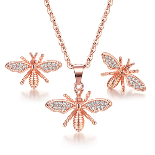 ZHOUYANG Jewelry Sets For Women Lovely Little Bees Austrian Crystals Rose Gold Color Earrings Necklace Gift Fashion Jewelry S510